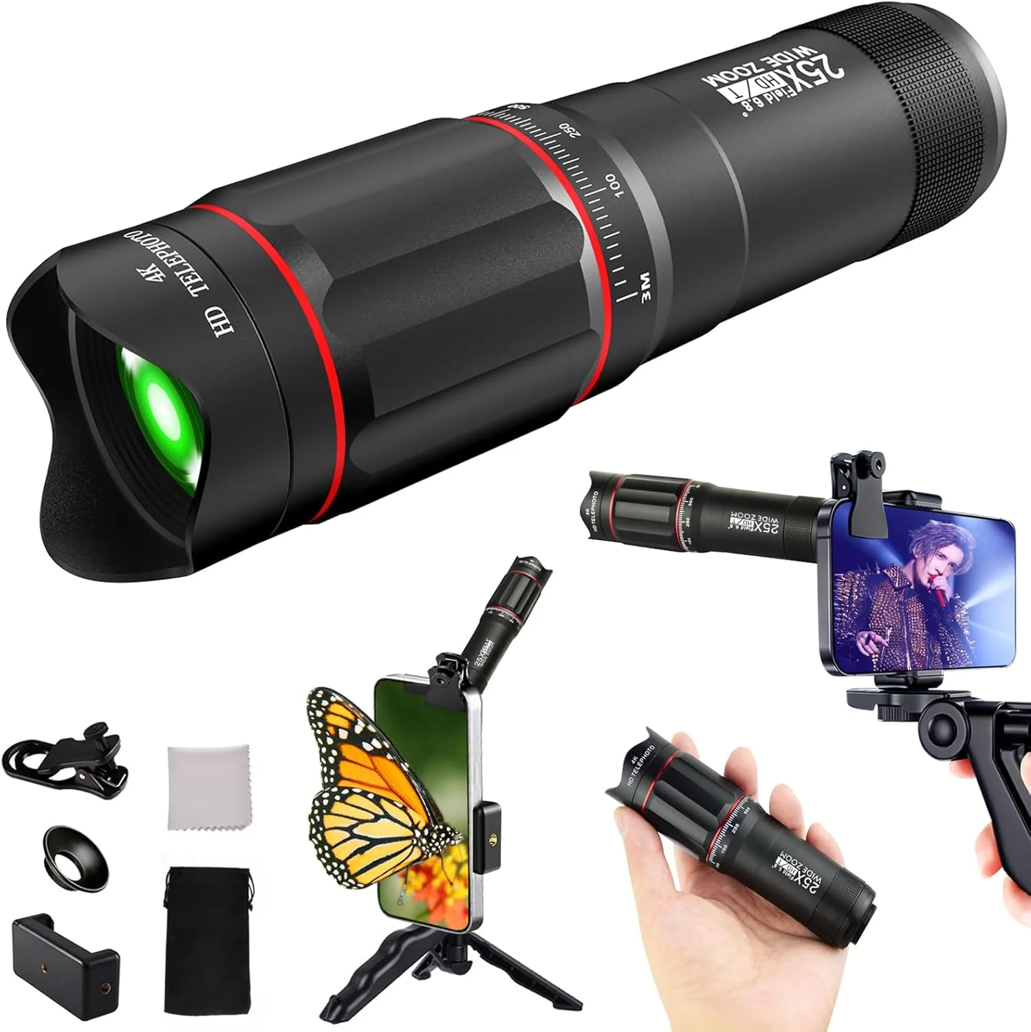 تلسکوپ تک چشمی 40X برای گوشی های هوشمند، وضوح بالا برای کنسرت موسیقی، تماشای حیات وحش، مسافرت، کمپینگ و پیاده روی