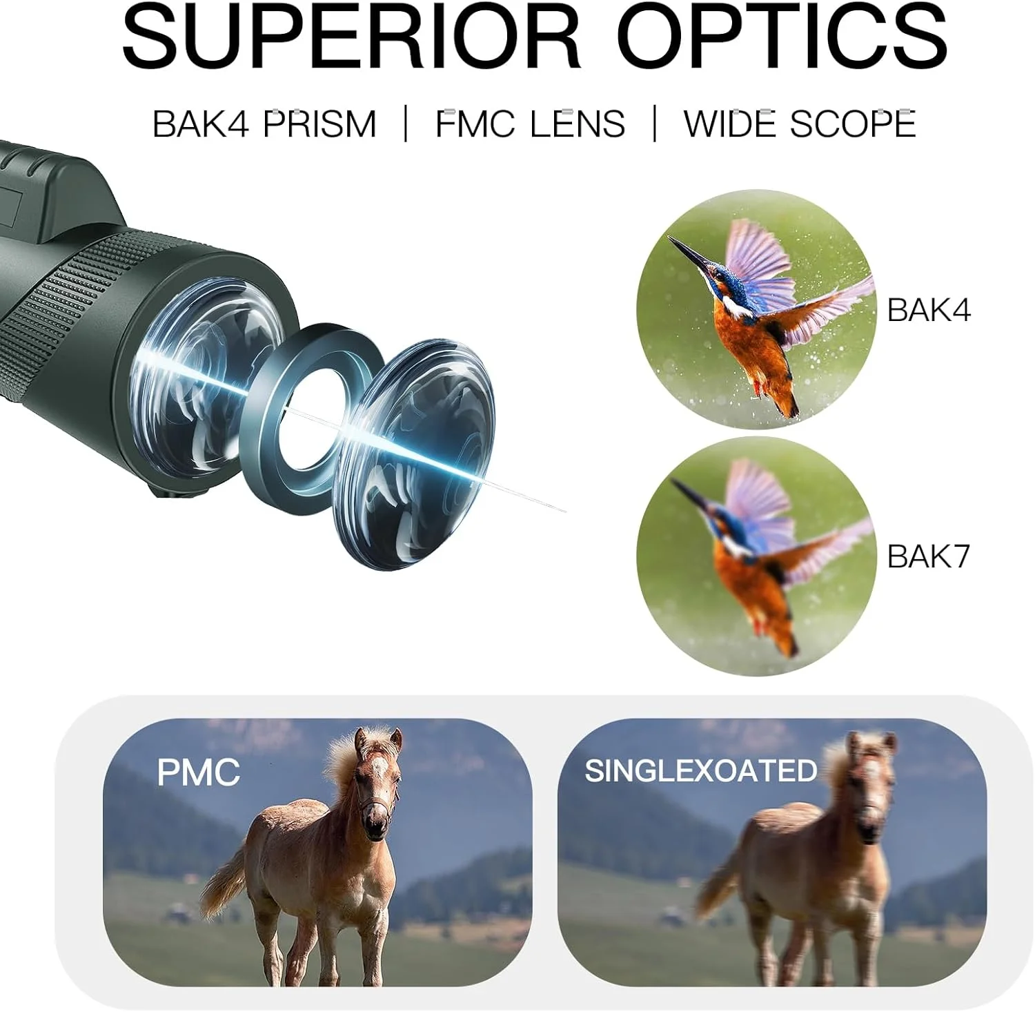 تلسکوپ تک چشمی 10X42 HD برای بزرگسالان، تلسکوپ تک چشمی فشرده با منشور BAK-4 و لنز FMC به همراه نگهدارنده تلفن هوشمند و سه پایه، مناسب برای تماشای ستارگان، شکار، تماشای پرندگان، کمپینگ، پیاده روی و مسافرت