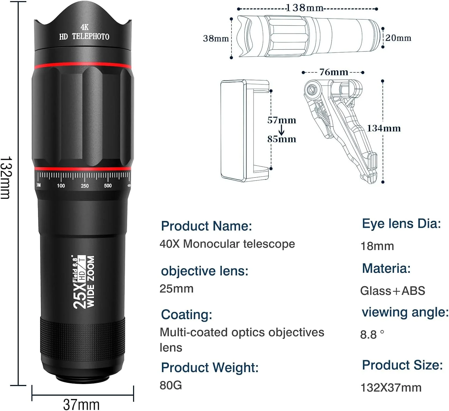 تلسکوپ تک چشمی 40X برای گوشی های هوشمند، وضوح بالا برای کنسرت موسیقی، تماشای حیات وحش، مسافرت، کمپینگ و پیاده روی تلسکوپ تک چشمی 40X برای گوشی های هوشمند، وضوح بالا برای کنسرت موسیقی، تماشای حیات وحش، مسافرت، کمپینگ و پیاده روی