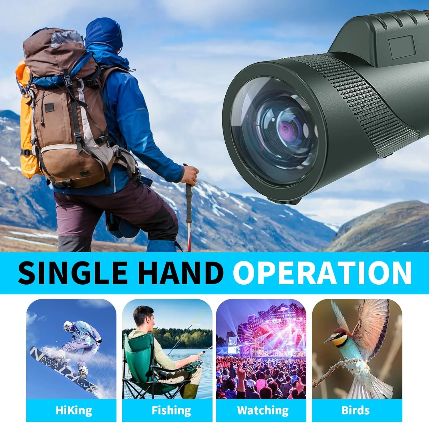 تلسکوپ تک چشمی 10X42 HD برای بزرگسالان، تلسکوپ تک چشمی فشرده درجه نظامی با منشور BAK-4 و لنز FMC، به همراه نگهدارنده تلفن هوشمند و سه پایه، مناسب برای تماشای ستارگان، شکار، تماشای پرندگان، کمپینگ، پیاده روی و مسافرت