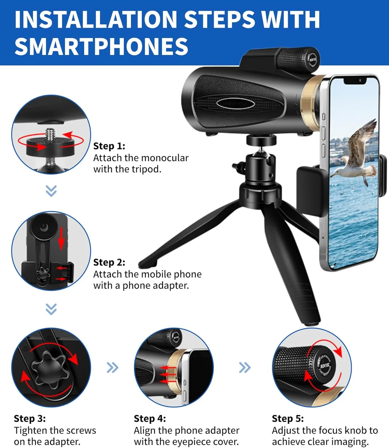 تک چشمی با بزرگنمایی 80x100 به همراه سه پایه و آداپتور موبایل، تک چشمی دید بزرگتر برای بزرگسالان با منشور BAK4 و لنز FMC، مناسب برای تماشای پرندگان، شکار، پیاده روی، کمپینگ و حیات وحش - مشکی