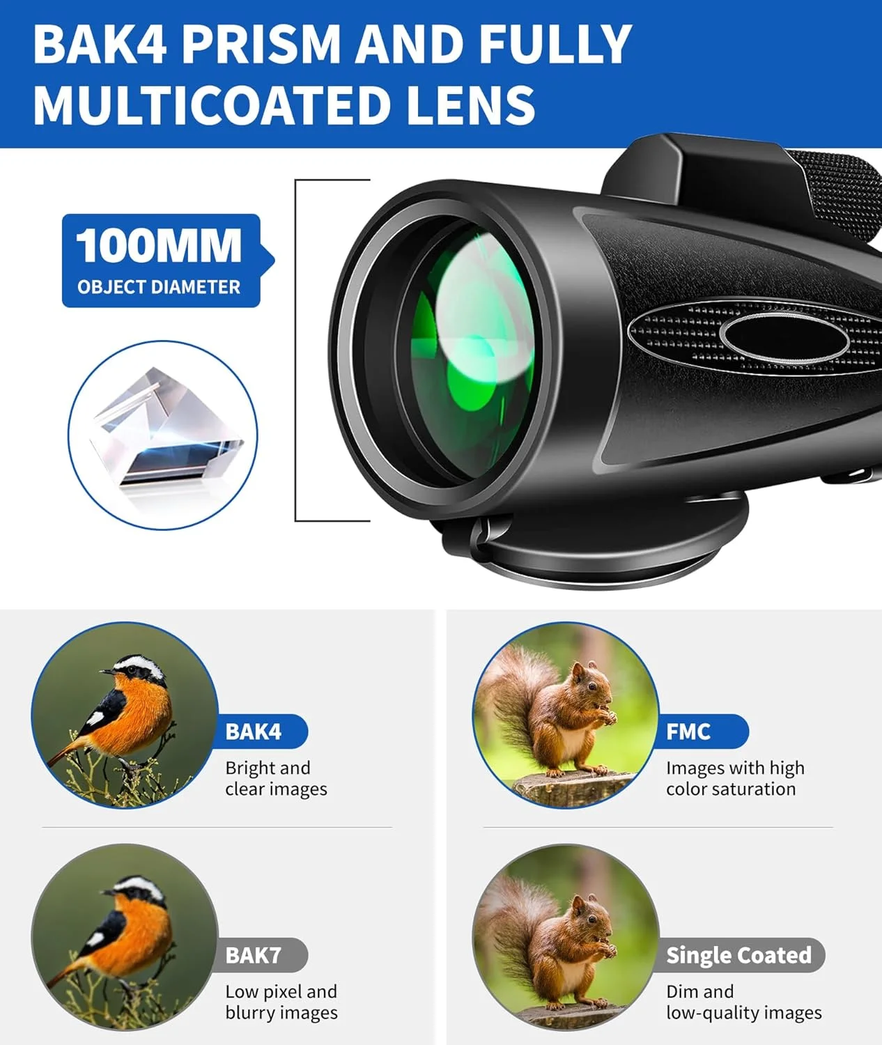 تک چشمی با بزرگنمایی 80x100 به همراه سه پایه و آداپتور موبایل، تک چشمی دید بزرگتر برای بزرگسالان با منشور BAK4 و لنز FMC، مناسب برای تماشای پرندگان، شکار، پیاده روی، کمپینگ و حیات وحش - مشکی