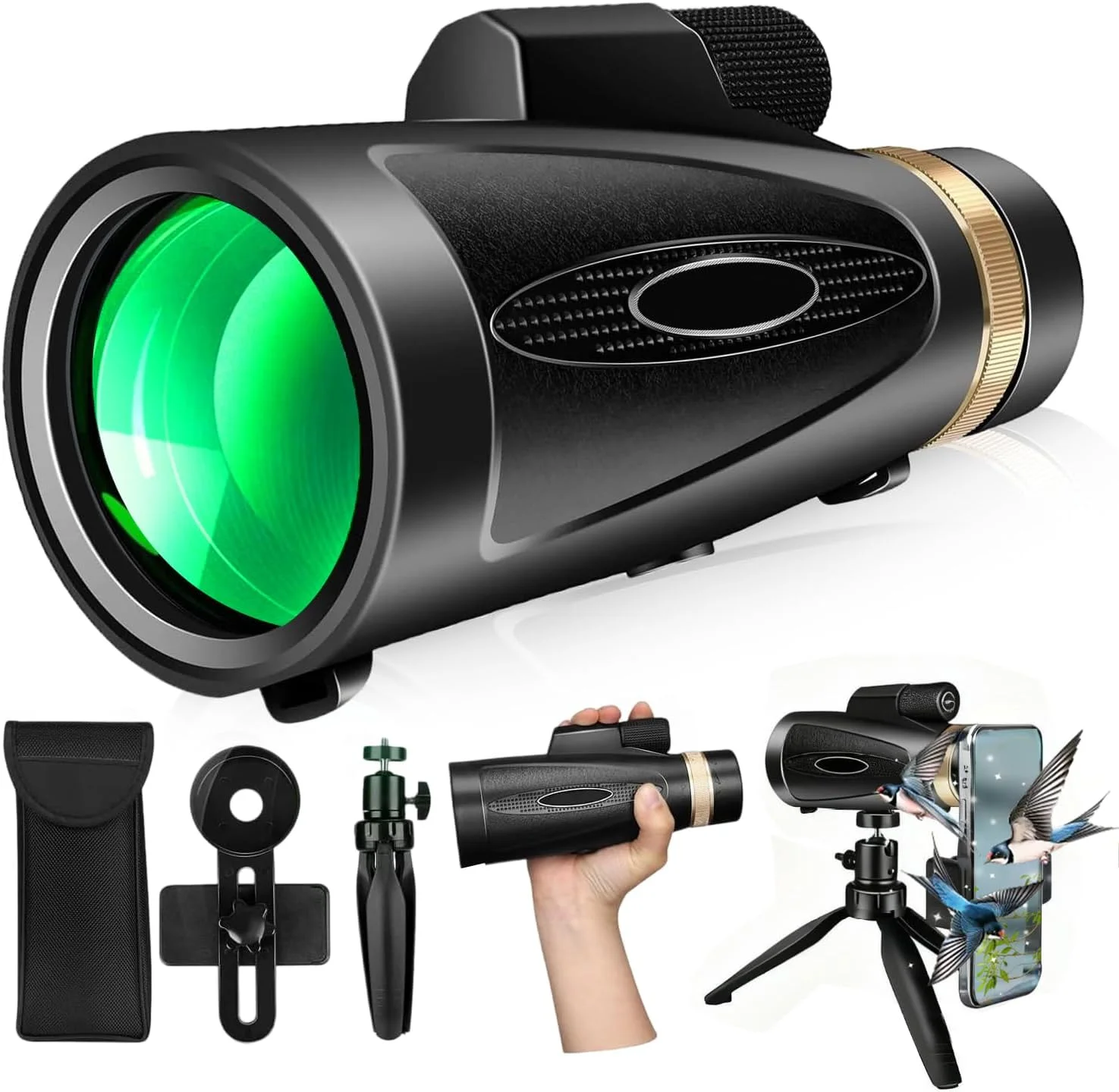 تلسکوپ تک چشمی 80x100 قدرت بالا با آداپتور تلفن هوشمند، سه پایه، تک چشمی دید بزرگتر برای بزرگسالان با منشور BAK4 و لنز FMC مناسب برای تماشای پرندگان، شکار، پیاده روی، کمپینگ، حیات وحش - مشکی