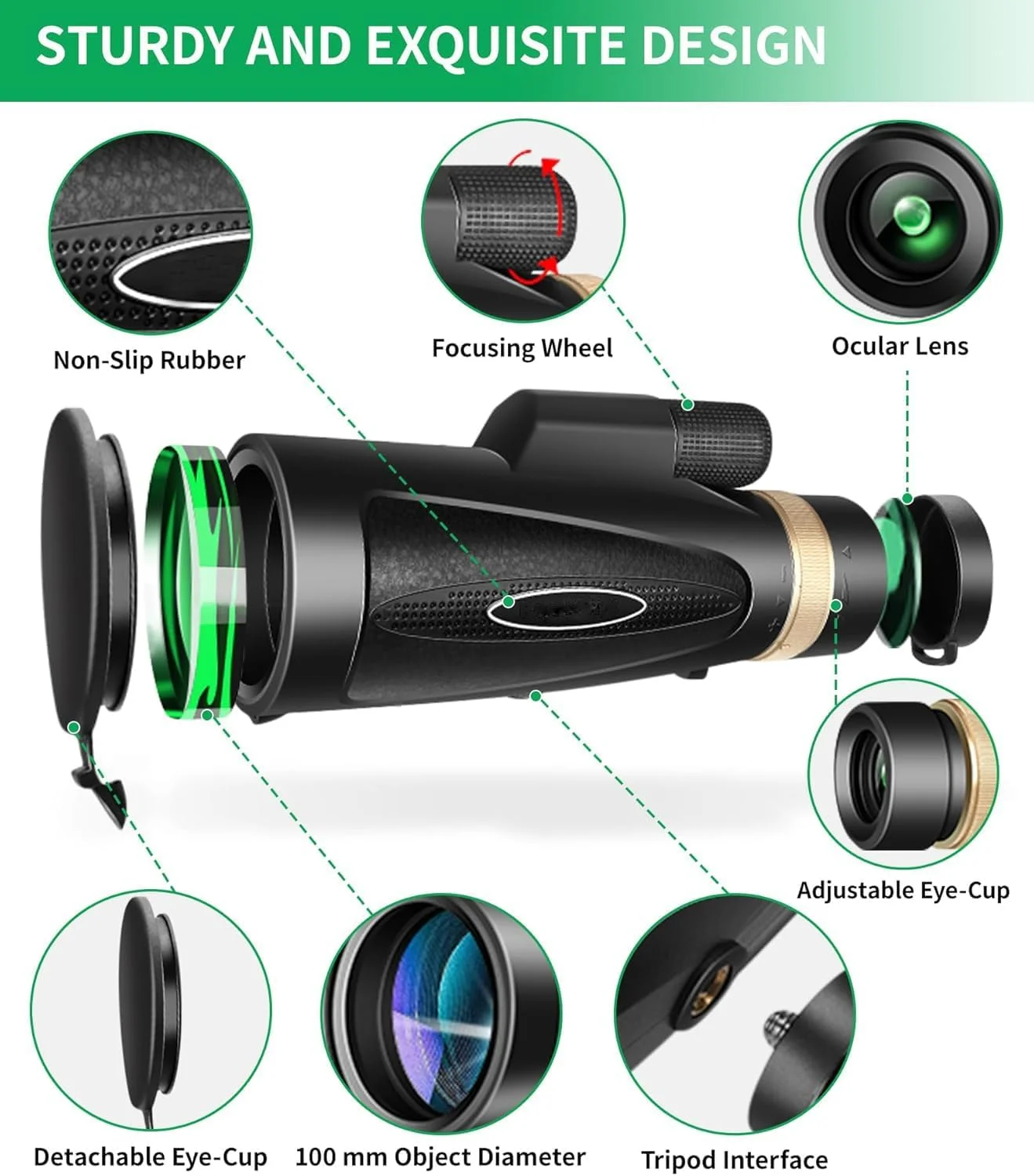 تلسکوپ تک چشمی 80x100 قدرت بالا با آداپتور تلفن هوشمند، سه پایه، تک چشمی دید بزرگتر برای بزرگسالان با منشور BAK4 و لنز FMC مناسب برای تماشای پرندگان، شکار، پیاده روی، کمپینگ، حیات وحش - مشکی