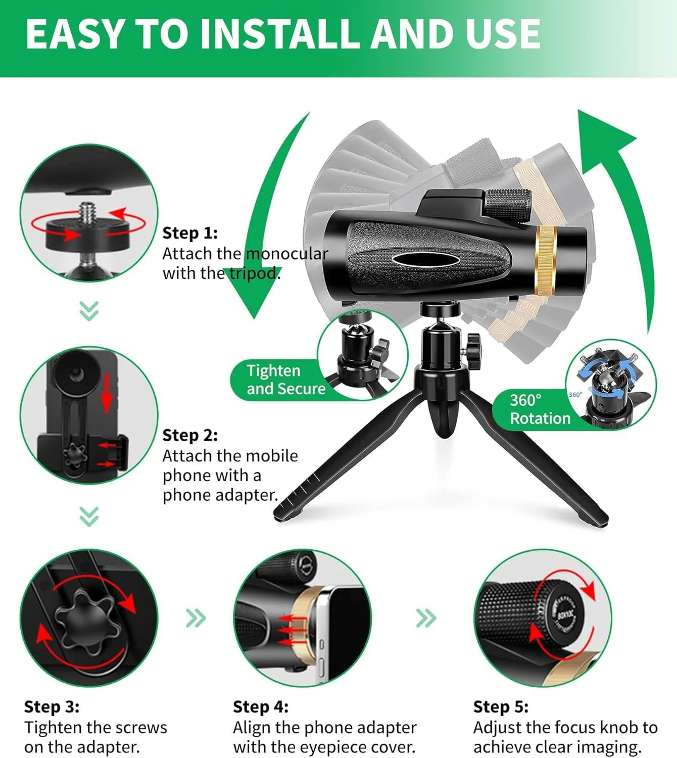 تلسکوپ تک چشمی 80x100 قدرت بالا با آداپتور تلفن هوشمند، سه پایه، تک چشمی دید بزرگتر برای بزرگسالان با منشور BAK4 و لنز FMC مناسب برای تماشای پرندگان، شکار، پیاده روی، کمپینگ، حیات وحش - مشکی