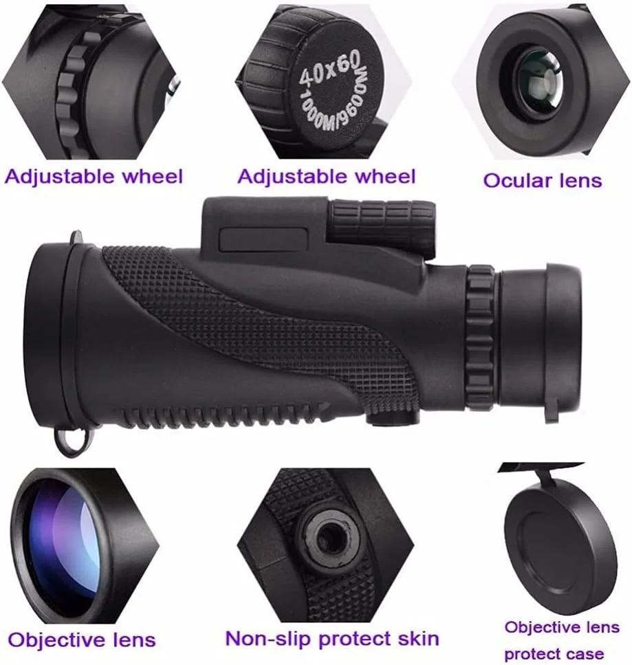 تلسکوپ مونوکولار حرفه ای HD کوچک دستی 40x60 با سه پایه، گیره تلفن، زاویه دید عریض و چشمی چرخشی Bak4 10x