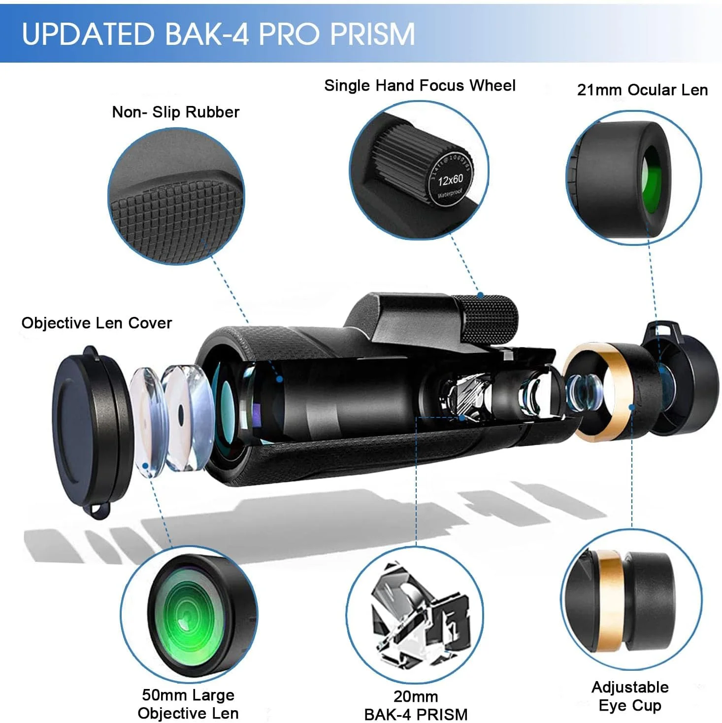 تلسکوپ تک چشمی 12x60 با نگهدارنده تلفن هوشمند و سه پایه محکم، لنزهای با کیفیت SMC و BAK4، هدیه تولد برای مردان، پدر، همسر، نوجوان، تجهیزات بقا در فضای باز، پیاده روی