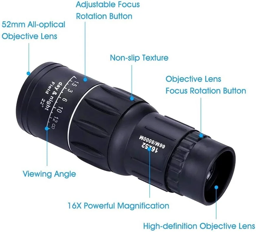 تلسکوپ تک چشمی 16X52 با قابلیت فوکوس دوگانه، قابل حمل، مناسب برای کودکان، ماهیگیری، شکار، کمپینگ و تماشای پرندگان