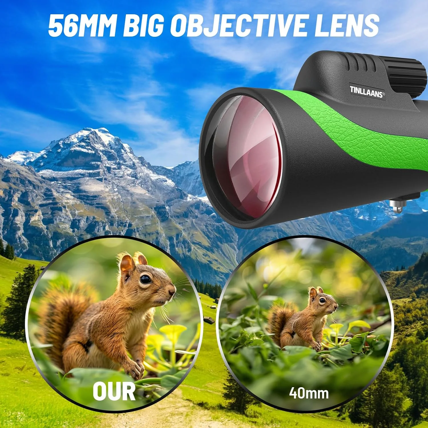 تلسکوپ تک چشمی 16x56 HD Tinllaans مدل 2025 برای تماشای ستارگان، تک چشمی با قدرت بالا برای بزرگسالان با منشور BAK-4، لنز FMC، زاویه دید باز 8 درجه، مناسب برای تماشای پرندگان به همراه هولدر موبایل و سه پایه (سبز)