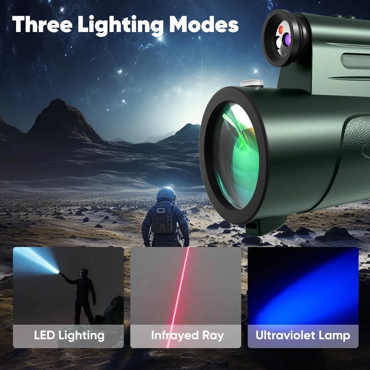 تلسکوپ تک چشمی با چراغ، تک چشمی HD بزرگنمایی 80x100 برای بزرگسالان، تک چشمی قدرتمند برای شکار با نگهدارنده تلفن هوشمند و سه پایه، تلسکوپ دستی مناسب برای تماشای پرندگان و ستاره‌نگاری - سبز
