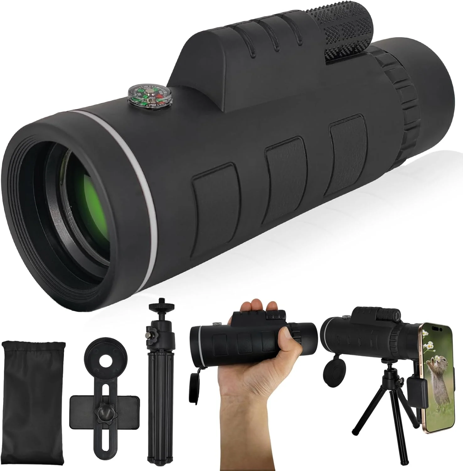 تلسکوپ تک چشمی 40x60 با قدرت بالا برای بزرگسالان، تلسکوپ تک چشمی HD فشرده با نگهدارنده تلفن هوشمند، کیف حمل و سه پایه برای هدیه، تماشای پرندگان، شکار، پیاده روی، کمپینگ