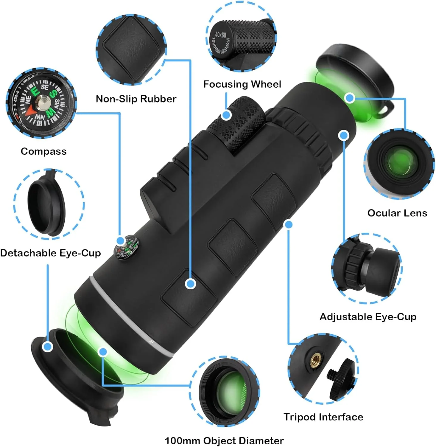 تلسکوپ تک چشمی 40x60 با قدرت بالا برای بزرگسالان، تلسکوپ تک چشمی HD فشرده با نگهدارنده تلفن هوشمند، کیف حمل و سه پایه برای هدیه، تماشای پرندگان، شکار، پیاده روی، کمپینگ تلسکوپ تک چشمی 40x60 با قدرت بالا برای بزرگسالان، تلسکوپ تک چشمی HD فشرده با نگهدارنده تلفن هوشمند، کیف حمل و سه پایه برای هدیه، تماشای پرندگان، شکار، پیاده روی، کمپینگ