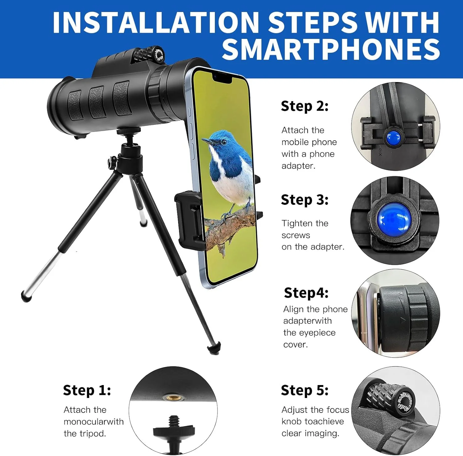 تلسکوپ تک چشمی برای بزرگسالان، 12x50 HD با دید وسیع به همراه آداپتور تلفن هوشمند و سه پایه، مناسب برای تماشای پرندگان، شکار، پیاده‌روی، کمپینگ و حیات وحش، دارای منشور BAK4 و لنز FMC، ضد آب