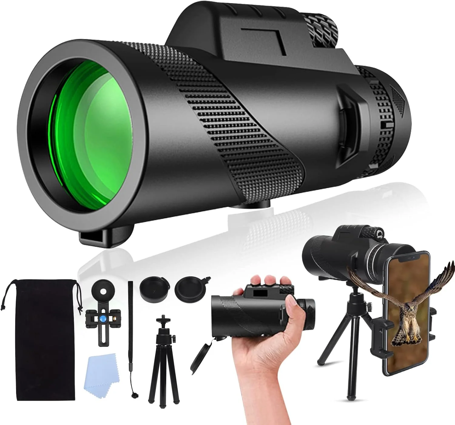 تک چشمی قدرتمند برای بزرگسالان، تک چشمی فشرده، تک چشمی بزرگنمایی بیرونی، تک چشمی HD با آداپتور تلفن هوشمند، تلسکوپ تک چشمی برای تماشای پرندگان، ورزش، پیاده روی و مسافرت