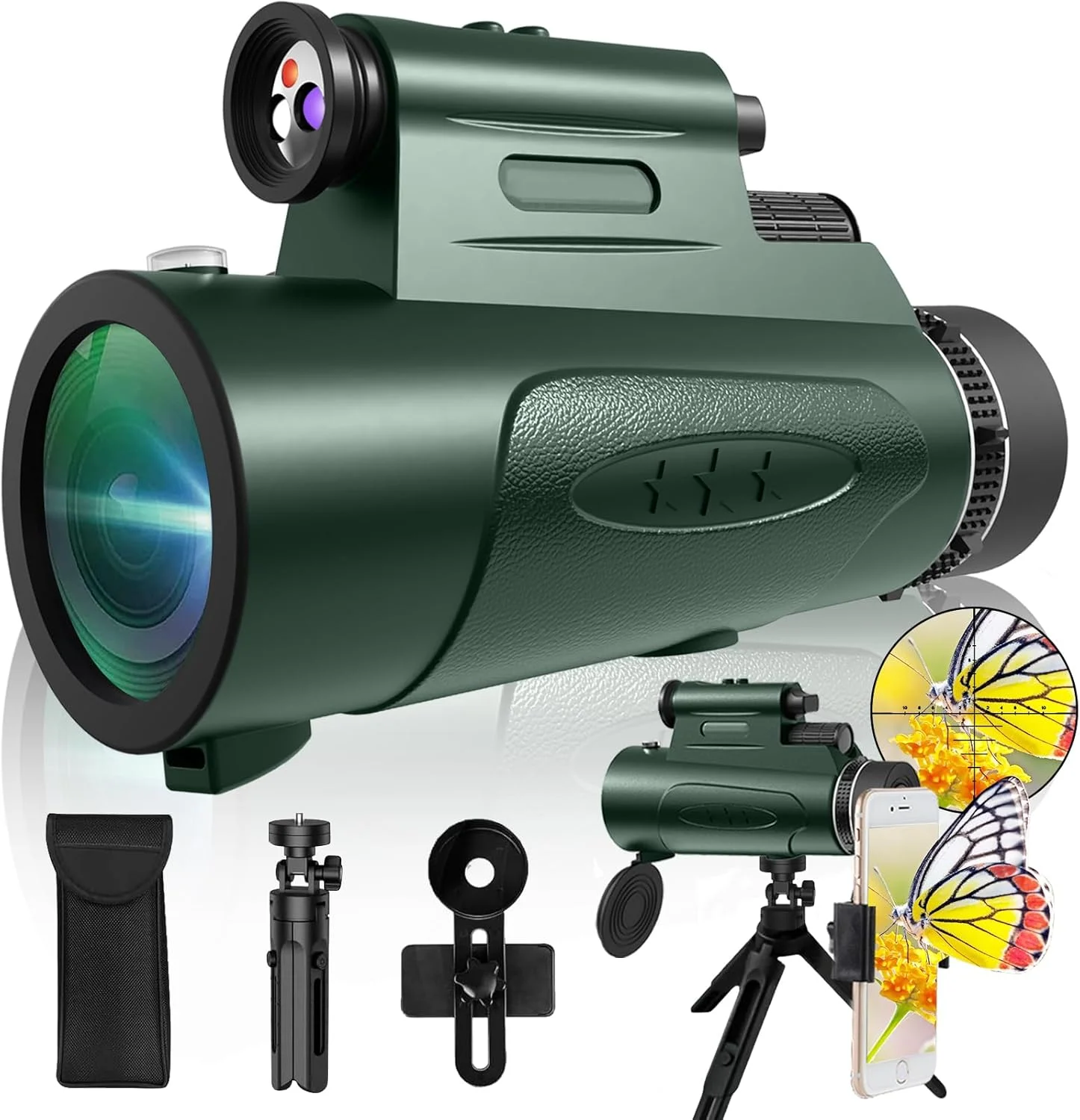 تلسکوپ تک چشمی با چراغ، تلسکوپ های تک چشمی HD 80x100 برای بزرگسالان، تلسکوپ تک چشمی قدرتمند برای شکار با نگهدارنده تلفن هوشمند و سه پایه، تلسکوپ دستی مناسب برای تماشای پرندگان و رصد ستارگان - سبز