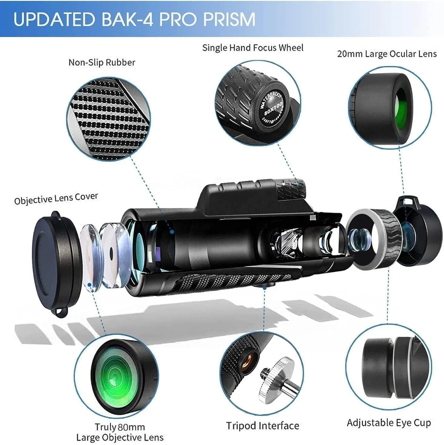 تلسکوپ تک چشمی 80x100 با قدرت بالا و وضوح تصویر عالی برای بزرگسالان، به همراه آداپتور تلفن هوشمند، مناسب برای شکار، تماشای حیات وحش، تماشای پرندگان، مسافرت، کمپینگ و پیاده روی - مشکی