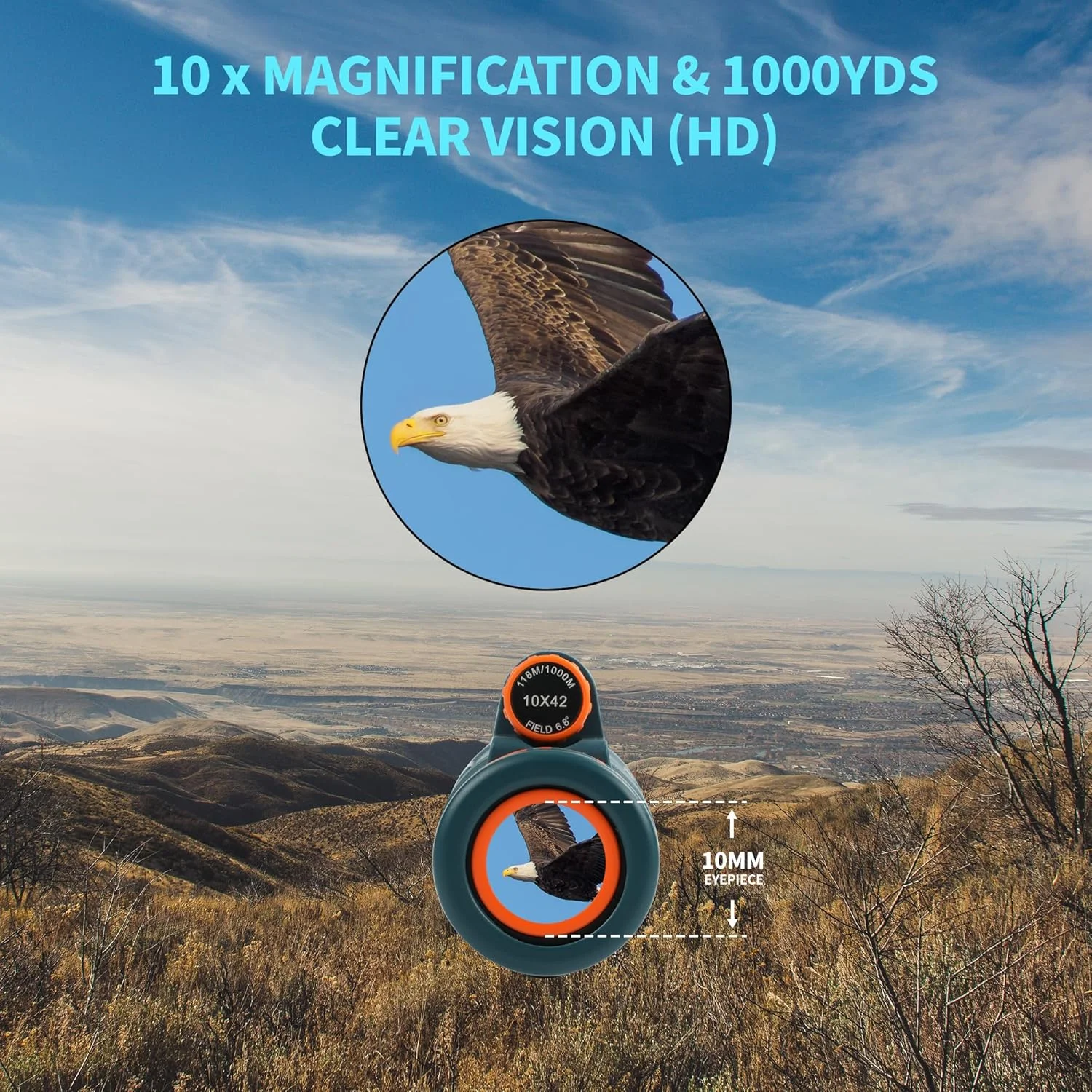تلسکوپ تک چشمی قدرتمند 10x42 برای بزرگسالان، تک چشمی فشرده قابل حمل با بند دستی، تلسکوپ جیبی دستی سبک وزن برای شکار، تماشای پرندگان، پیاده روی و مسافرت