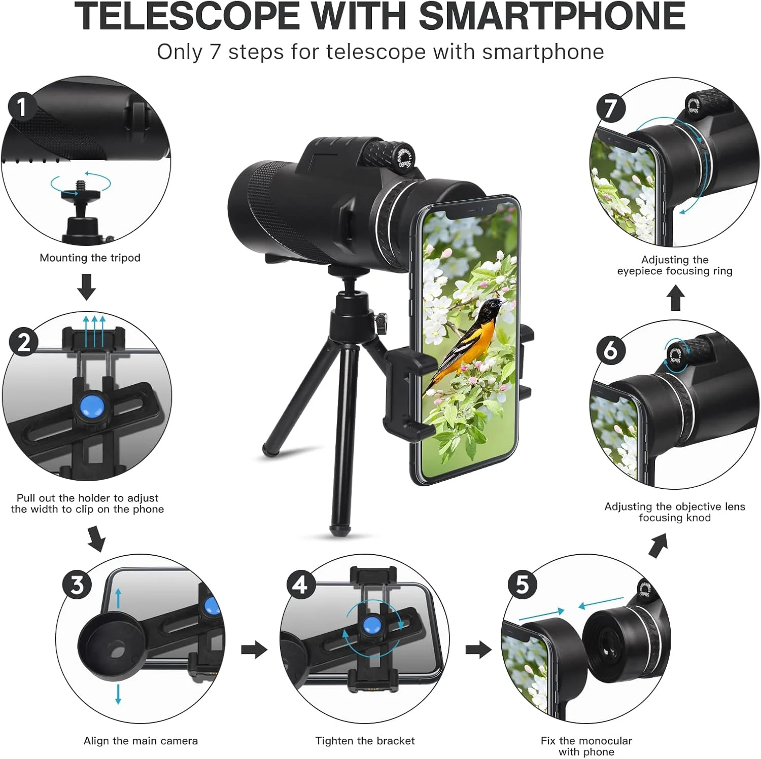 تک چشمی قدرتمند برای بزرگسالان، تک چشمی فشرده، تک چشمی بزرگنمایی بیرونی، تک چشمی HD با آداپتور تلفن هوشمند، تلسکوپ تک چشمی برای تماشای پرندگان، ورزش، پیاده روی و مسافرت