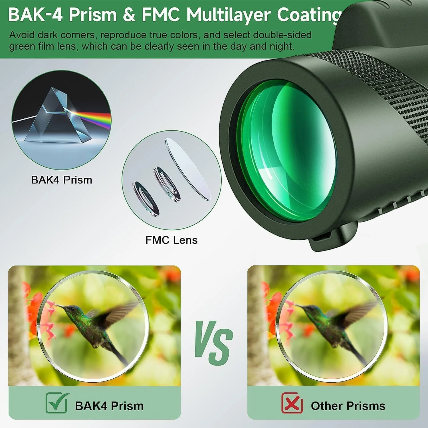 تلسکوپ تک چشمی 80x100 با قدرت بالا و وضوح تصویر عالی برای بزرگسالان، به همراه آداپتور تلفن همراه، مناسب برای شکار، تماشای حیات وحش، پرنده نگری، مسافرت، کمپینگ و پیاده روی - سبز