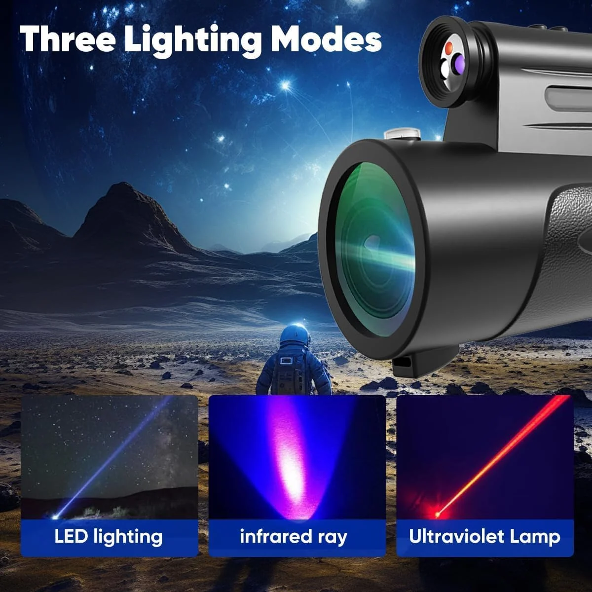 تلسکوپ تک چشمی با چراغ، تک چشمی HD 80x100 برای بزرگسالان، تلسکوپ دستی مناسب برای تماشای پرندگان و رصد ستارگان - مشکی