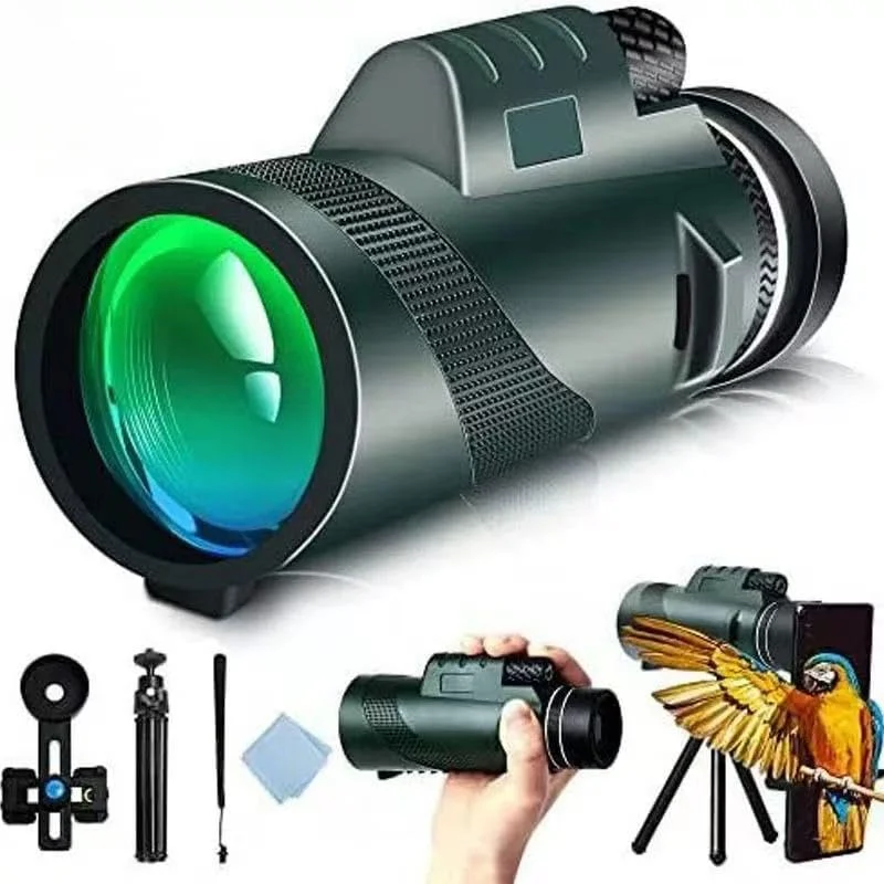 تلسکوپ تک چشمی 80x100 با قدرت بالا، وضوح بالا برای بزرگسالان و کودکان، مناسب برای تماشای پرندگان، پیاده روی و تورهای کنسرت، همراه با گیره تلفن و پایه (سبز)