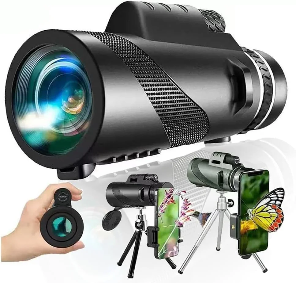 تلسکوپ تک چشمی 80x100 با قدرت بالا، وضوح تصویر عالی، مناسب برای بزرگسالان و کودکان، ایده آل برای تماشای پرندگان، پیاده روی و کنسرت، به همراه گیره تلفن و پایه (مشکی)