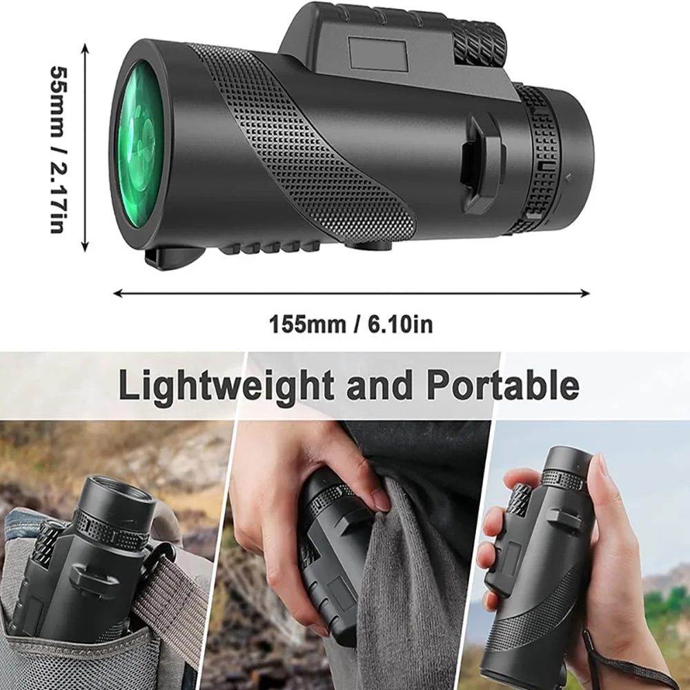 تلسکوپ تک چشمی 80x100 با قدرت بالا، وضوح تصویر عالی، مناسب برای بزرگسالان و کودکان، ایده آل برای تماشای پرندگان، پیاده روی و کنسرت، به همراه گیره تلفن و پایه (مشکی)