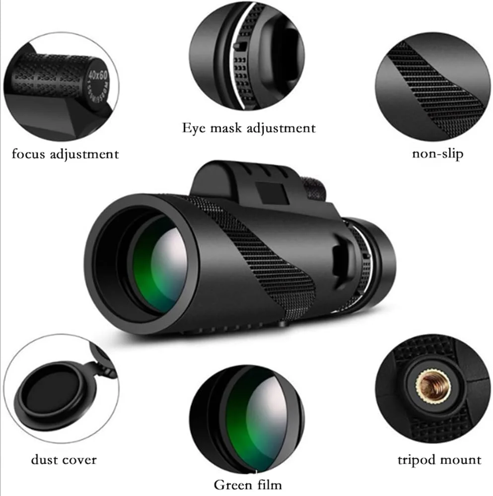 تلسکوپ تک چشمی 80x100 با قدرت بالا، وضوح تصویر عالی، مناسب برای بزرگسالان و کودکان، ایده آل برای تماشای پرندگان، پیاده روی و کنسرت، به همراه گیره تلفن و پایه (مشکی)