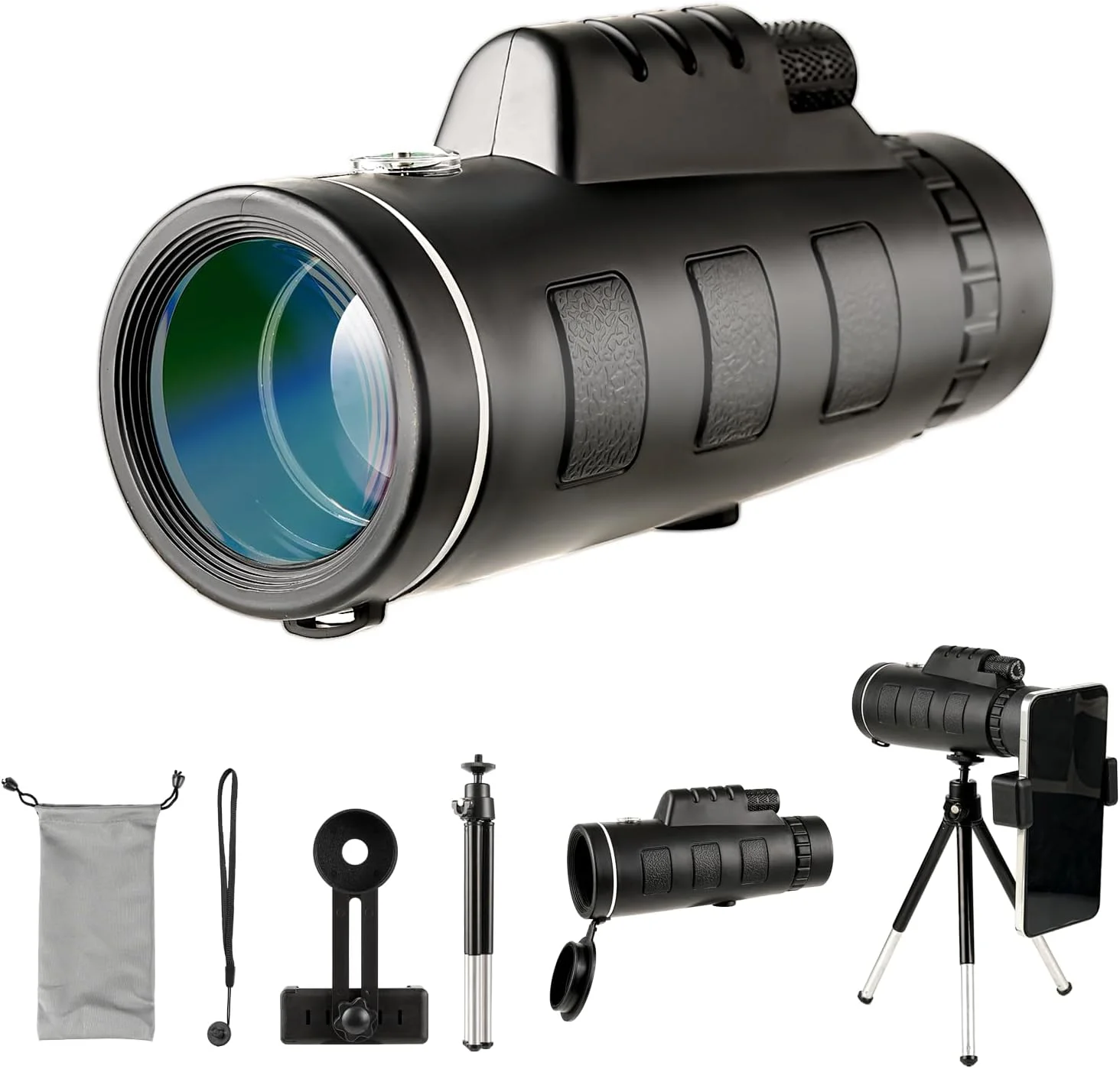 تلسکوپ تک چشمی بیرونی، تلسکوپ تک چشمی با بزرگنمایی بالا و وضوح بالا 100 * 80، به همراه نگهدارنده تلفن همراه جهانی، سه پایه تلسکوپی، مناسب برای پیاده روی، کمپینگ، مسافرت و غیره