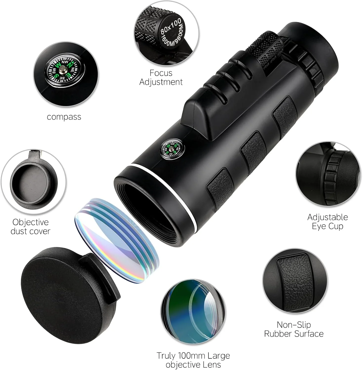 تلسکوپ تک چشمی بیرونی، تلسکوپ تک چشمی با بزرگنمایی بالا و وضوح بالا 100 * 80، به همراه نگهدارنده تلفن همراه جهانی، سه پایه تلسکوپی، مناسب برای پیاده روی، کمپینگ، مسافرت و غیره