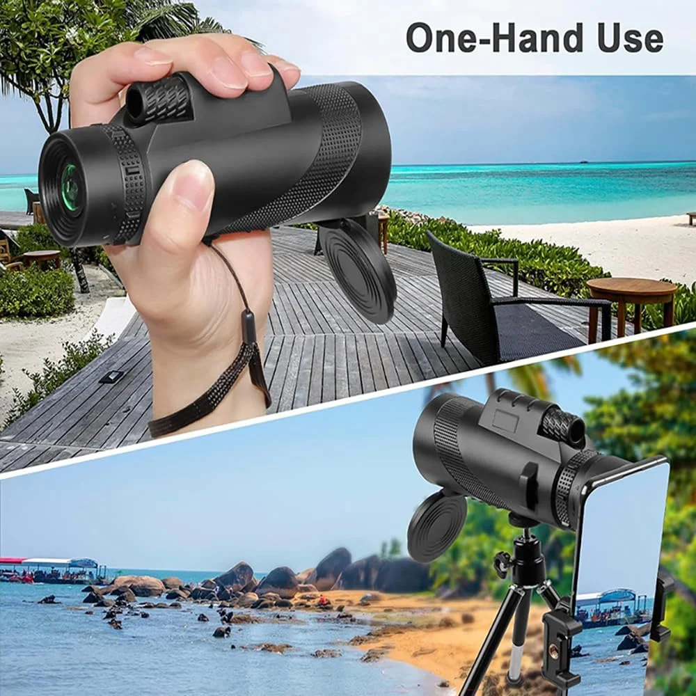 تلسکوپ تک چشمی 80x100 با قدرت بالا، وضوح تصویر عالی، مناسب برای بزرگسالان و کودکان، ایده آل برای تماشای پرندگان، پیاده روی و کنسرت، به همراه گیره تلفن و پایه (مشکی)