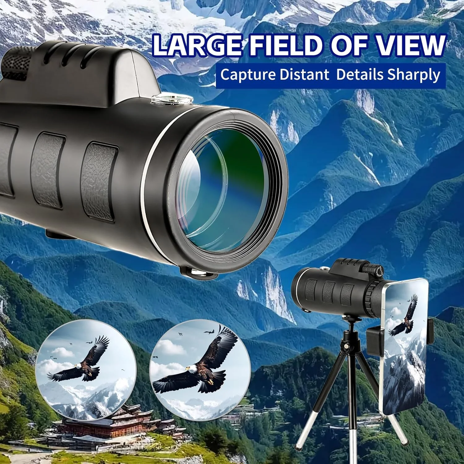 تلسکوپ تک چشمی بیرونی، تلسکوپ تک چشمی با بزرگنمایی بالا و وضوح بالا 100 * 80، به همراه نگهدارنده تلفن همراه جهانی، سه پایه تلسکوپی، مناسب برای پیاده روی، کمپینگ، مسافرت و غیره