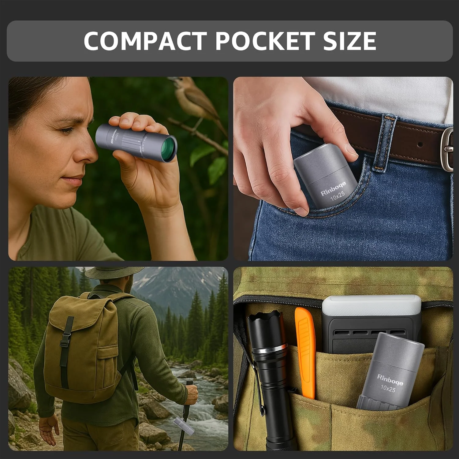 تلسکوپ مونوکولار 10x25، مینی جیبی، سایز کوچک، جمع و جور، دستی، قابل حمل، سبک وزن، شیشه ED، اپتیک HD، منشور BAK-4، ضد آب با قدرت بالا برای بزرگسالان، کمپینگ، پیاده روی، مسافرت، تماشای پرندگان