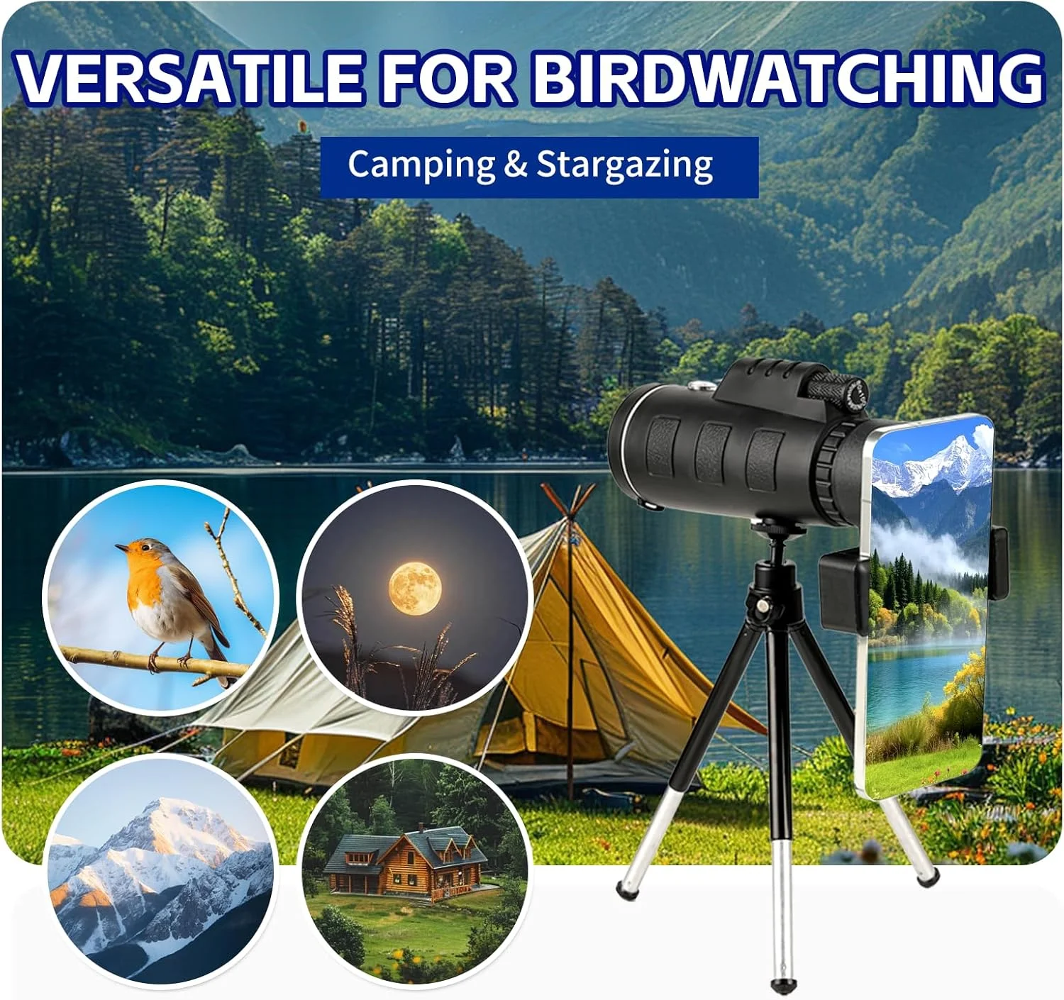 تلسکوپ تک چشمی بیرونی، تلسکوپ تک چشمی با بزرگنمایی بالا و وضوح بالا 100 * 80، به همراه نگهدارنده تلفن همراه جهانی، سه پایه تلسکوپی، مناسب برای پیاده روی، کمپینگ، مسافرت و غیره