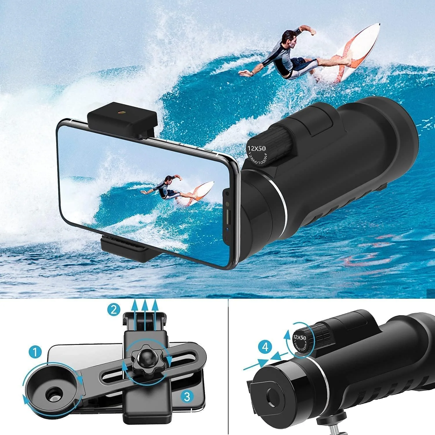 تلسکوپ تک چشمی 16x52 با قدرت بالا به همراه سه پایه تلفن هوشمند و کیف قابل حمل - ایده آل برای تماشای پرندگان، پیاده روی، شکار و کمپینگ - دید وسیع