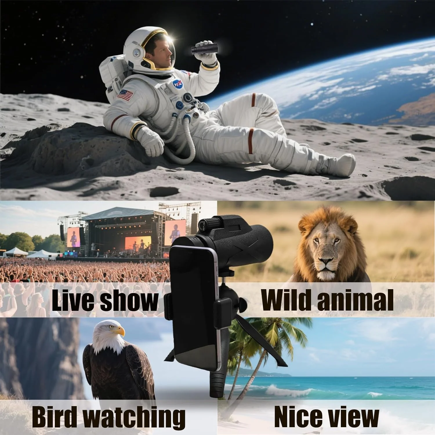 تلسکوپ تک چشمی 80x100 با وضوح بالا و قدرت زیاد برای تماشای ستارگان، شکار، تماشای حیات وحش و پرندگان، مسافرت، کمپینگ، پیاده روی، مناسب برای تلفن های هوشمند، بزرگسالان و مبتدیان