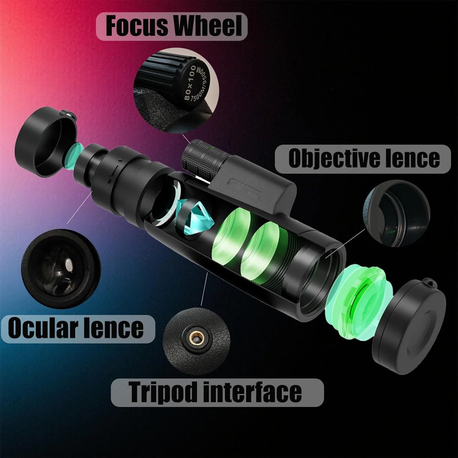 تلسکوپ تک چشمی 80x100 با وضوح بالا و قدرت زیاد برای تماشای ستارگان، شکار، تماشای حیات وحش و پرندگان، مسافرت، کمپینگ، پیاده روی، مناسب برای تلفن های هوشمند، بزرگسالان و مبتدیان