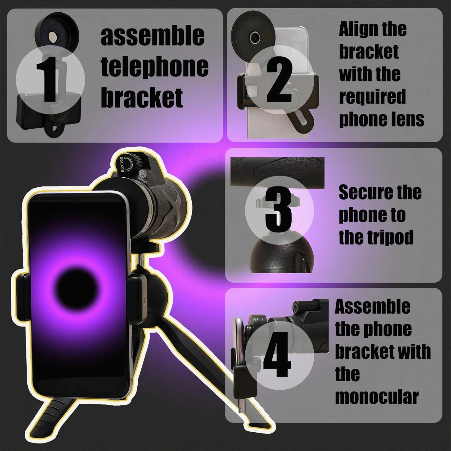 تلسکوپ تک چشمی 80x100 با وضوح بالا و قدرت زیاد برای تماشای ستارگان، شکار، تماشای حیات وحش و پرندگان، مسافرت، کمپینگ، پیاده روی، مناسب برای تلفن های هوشمند، بزرگسالان و مبتدیان