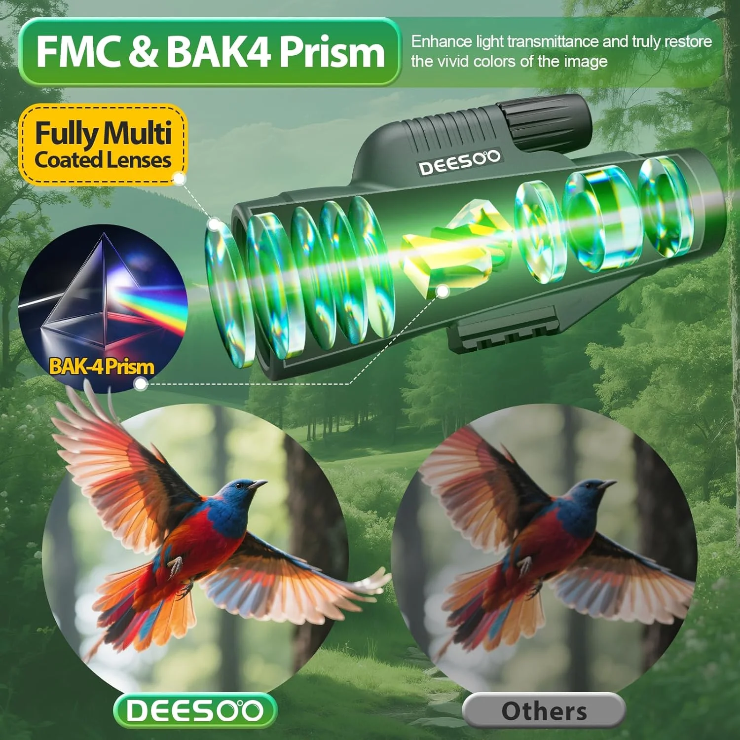 تلسکوپ تک چشمی قدرتمند برای بزرگسالان - تلسکوپ تک چشمی 12x56 ضد آب با دید واضح در نور کم - تلسکوپ جمع و جور با آداپتور سه پایه تلفن هوشمند برای تماشای پرندگان، شکار، پیاده روی و مسافرت