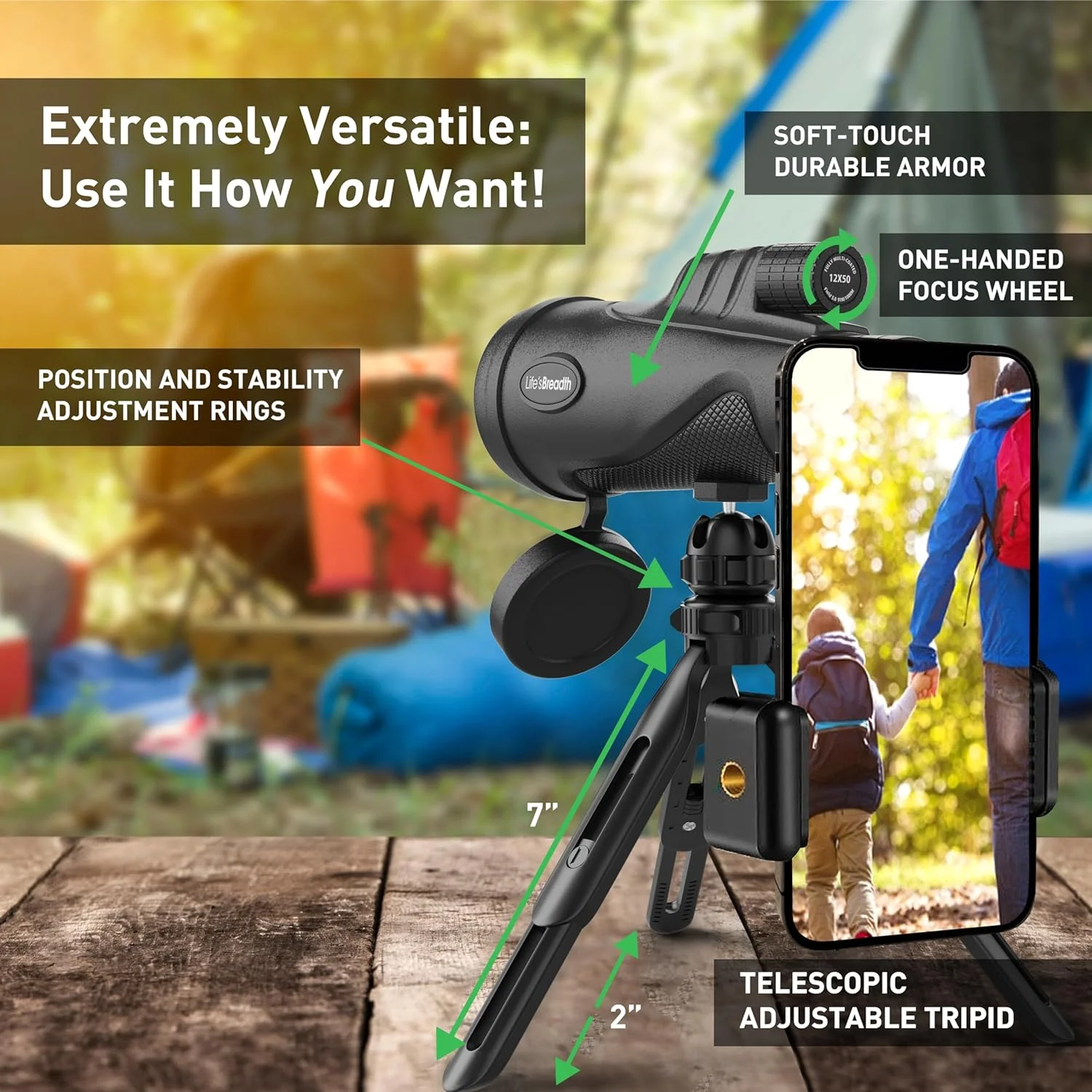 تلسکوپ تک چشمی 12x52 با آداپتور تلفن هوشمند و سه پایه ارتقا یافته، تلسکوپ دستی HD - تلسکوپ تک چشمی قدرتمند برای بزرگسالان - تماشای پرندگان - هدیه برای مردان، پدر، شوهر، دوست پسر (مشکی)