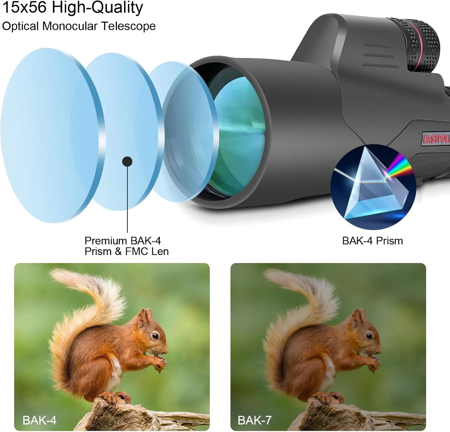 تلسکوپ تک چشمی 15X56 برای تماشای پرندگان، پیاده روی، کمپینگ، تماشای حیات وحش، چشمی قابل تنظیم، لنزهای کاملاً پوشش داده شده، روکش لاستیکی، دستگیره ضد لغزش، ضد مه، ضد آب