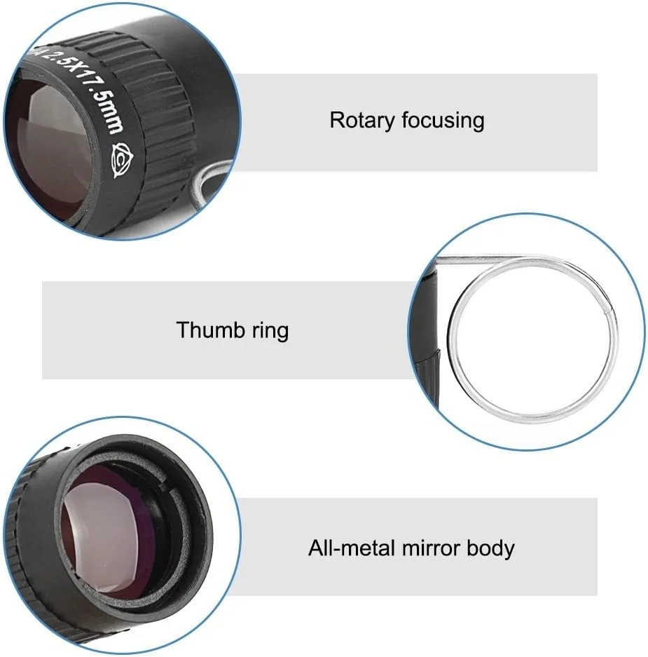 تلسکوپ مونوکولار مینی، 2.5X17.5mm با قابلیت فوکوس اپتیکال قابل حمل به همراه حلقه فلزی، مناسب برای رویدادهای ورزشی، تماشای پرندگان، شکار و کمپینگ