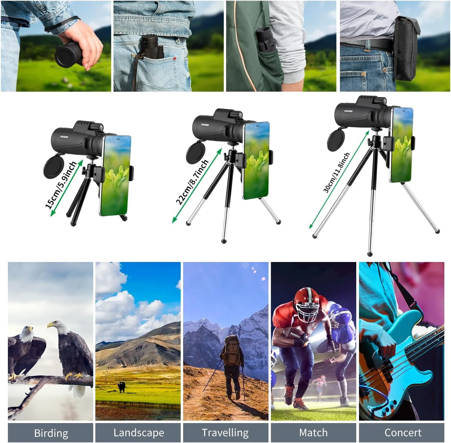 تلسکوپ تک چشمی 12x50 با قدرت بالا برای تلفن هوشمند به همراه سه پایه، تک چشمی HD سبک وزن BAK-4 منشوری برای بزرگسالان مناسب پیاده روی، شکار، تماشای ستارگان، تماشای پرندگان، کمپینگ و مسافرت