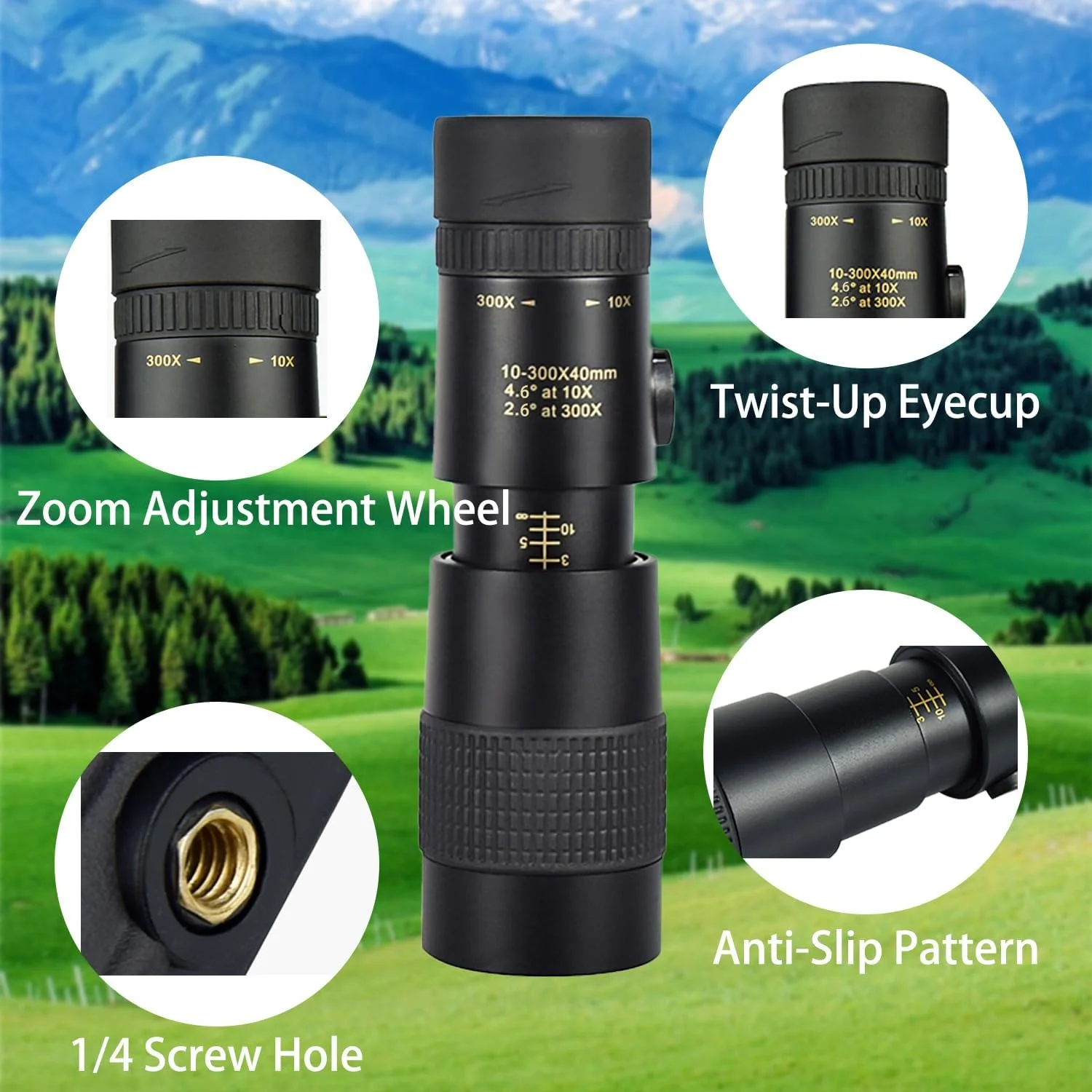 تلسکوپ تک چشمی 10×300-40، سازگار با تلفن های همراه KOMIRE، تک چشمی های فشرده با منشور BAK4 با شفافیت بالا و پوشش FMC برای تماشای پرندگان، کمپینگ و پیاده روی