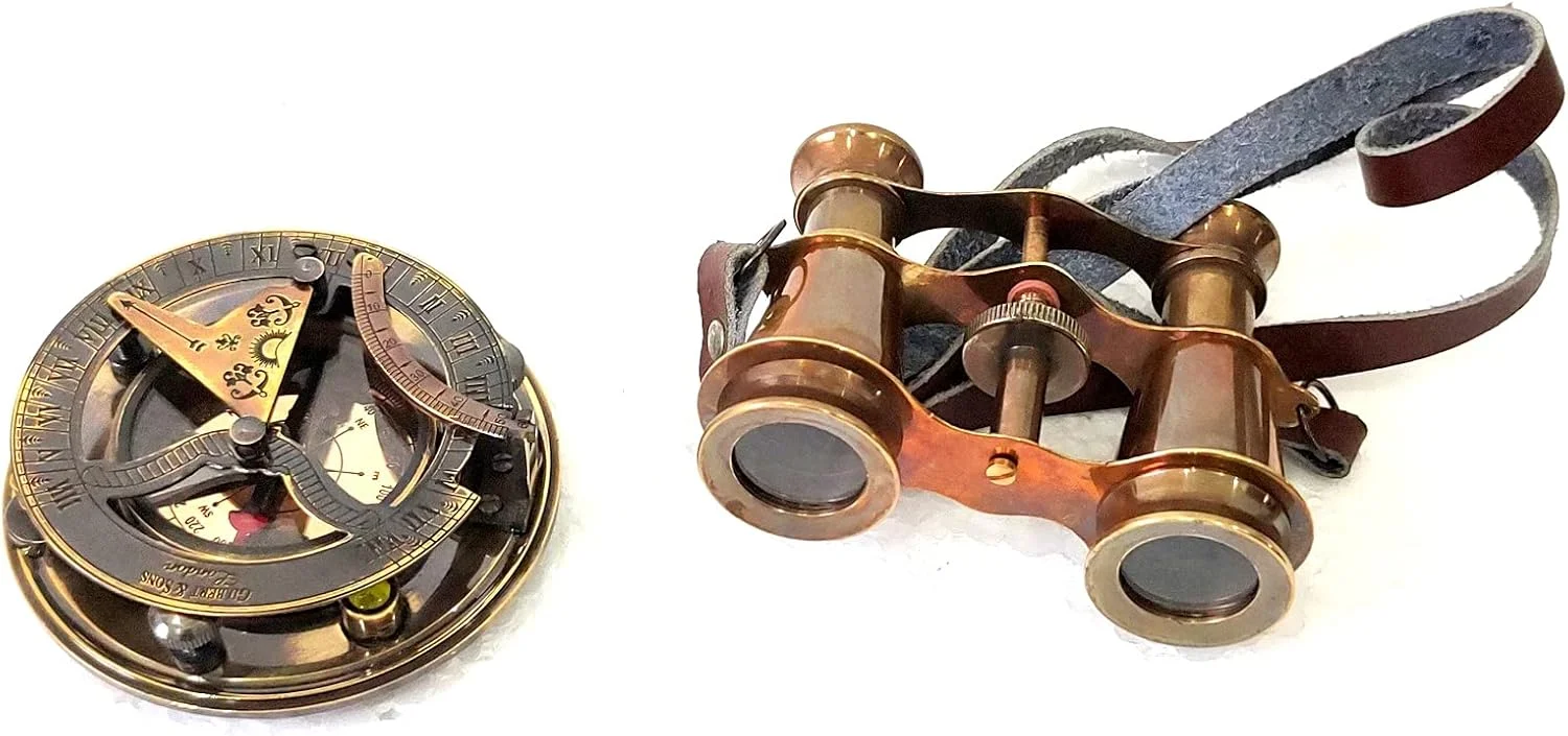 دو عدد تک چشمی جیبی برنجی 4 اینچی، دوربین دوچشمی تلسکوپی برنجی، تلسکوپ مسی با پرداخت طلایی عتیقه، سایز 2.05 اینچی، قطب نما آفتابی، شیشه برنجی، مس و چرم