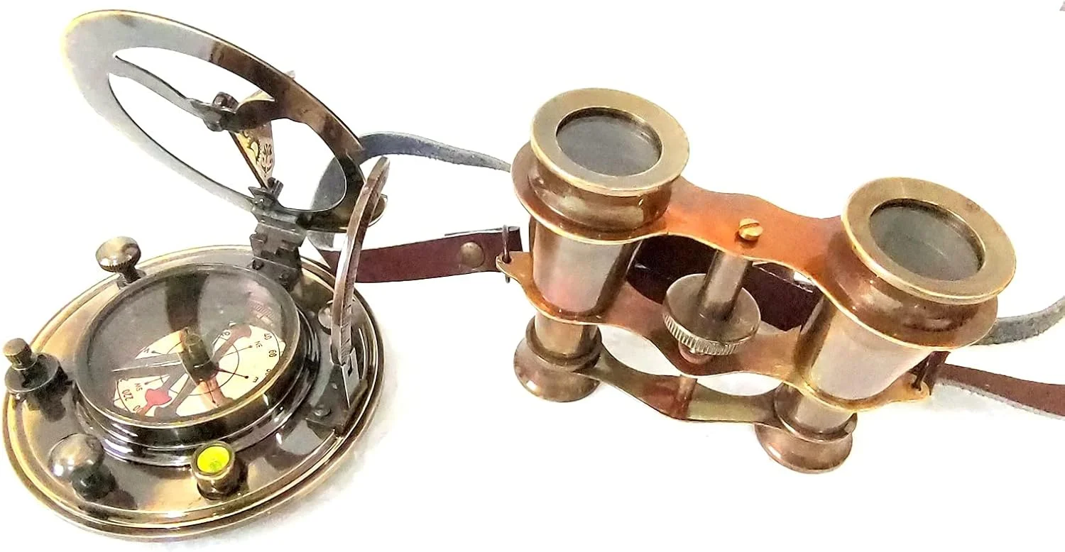 دو عدد تک چشمی جیبی برنجی 4 اینچی، دوربین دوچشمی تلسکوپی برنجی، تلسکوپ مسی با پرداخت طلایی عتیقه، سایز 2.05 اینچی، قطب نما آفتابی، شیشه برنجی، مس و چرم