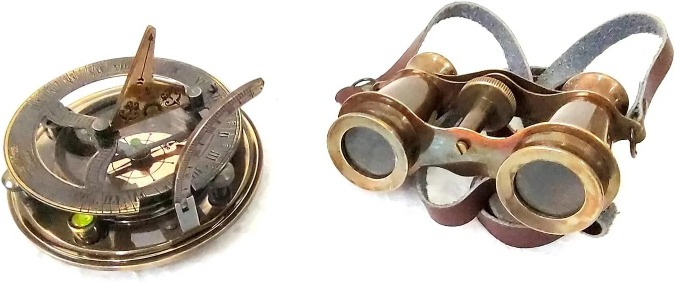 دو عدد تک چشمی جیبی برنجی 4 اینچی، دوربین دوچشمی تلسکوپی برنجی، تلسکوپ مسی با پرداخت طلایی عتیقه، سایز 2.05 اینچی، قطب نما آفتابی، شیشه برنجی، مس و چرم
