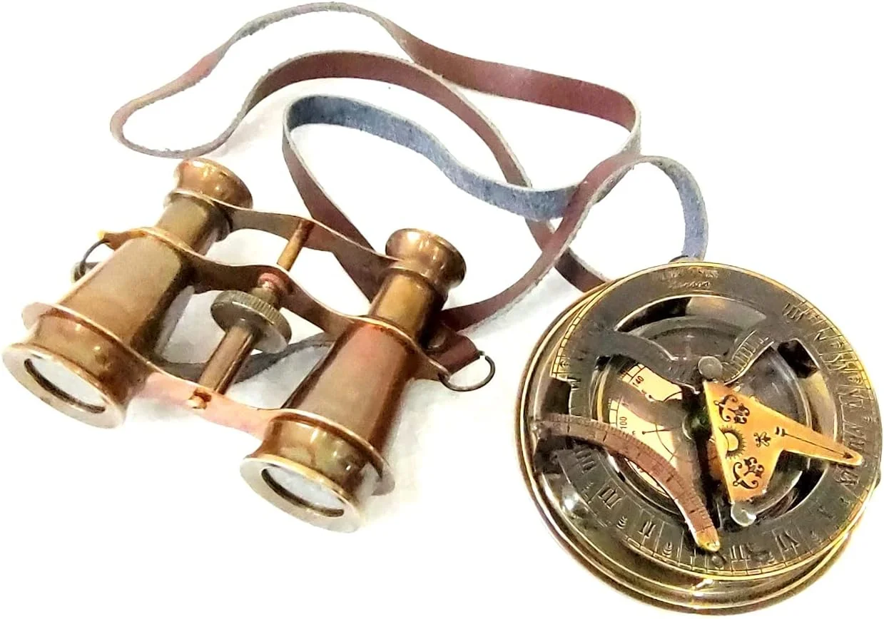 دو عدد تک چشمی جیبی برنجی 4 اینچی، دوربین دوچشمی تلسکوپی برنجی، تلسکوپ مسی با پرداخت طلایی عتیقه، سایز 2.05 اینچی، قطب نما آفتابی، شیشه برنجی، مس و چرم