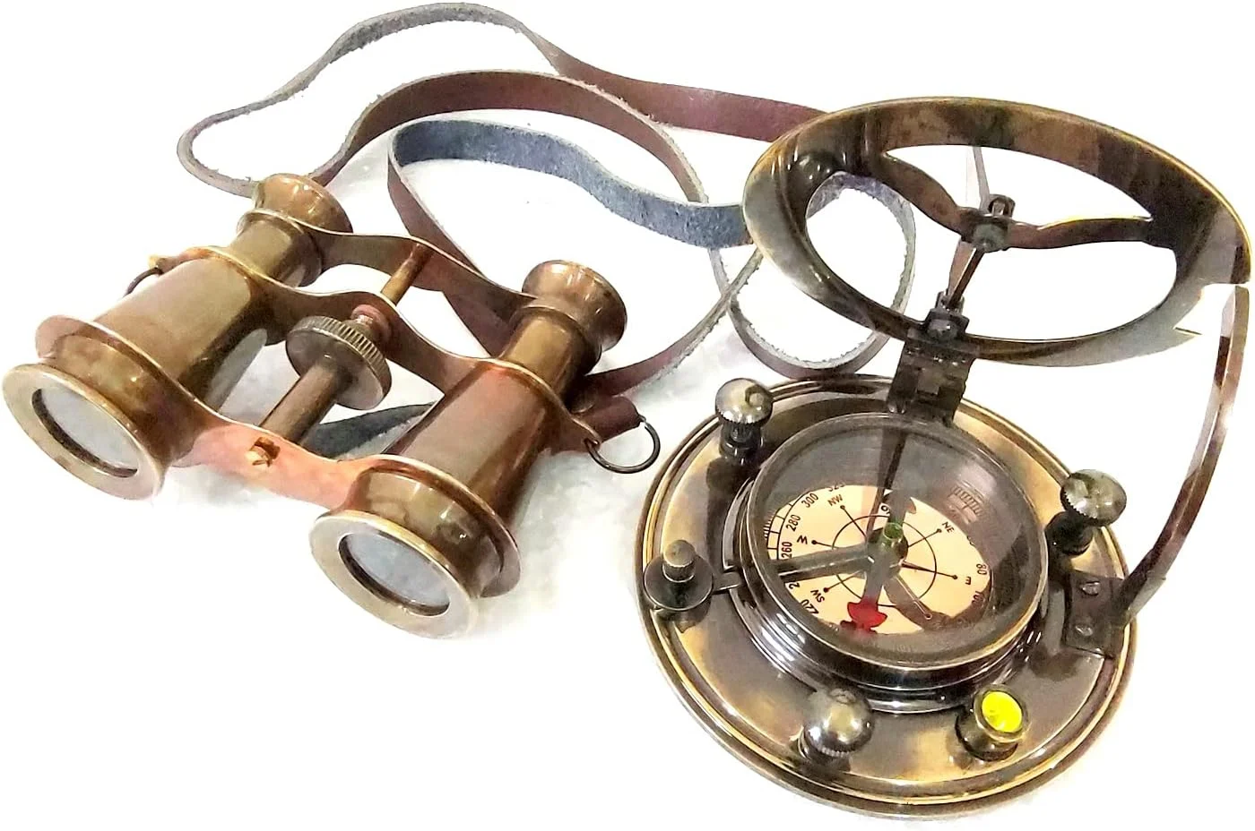 دو عدد تک چشمی جیبی برنجی 4 اینچی، دوربین دوچشمی تلسکوپی برنجی، تلسکوپ مسی با پرداخت طلایی عتیقه، سایز 2.05 اینچی، قطب نما آفتابی، شیشه برنجی، مس و چرم