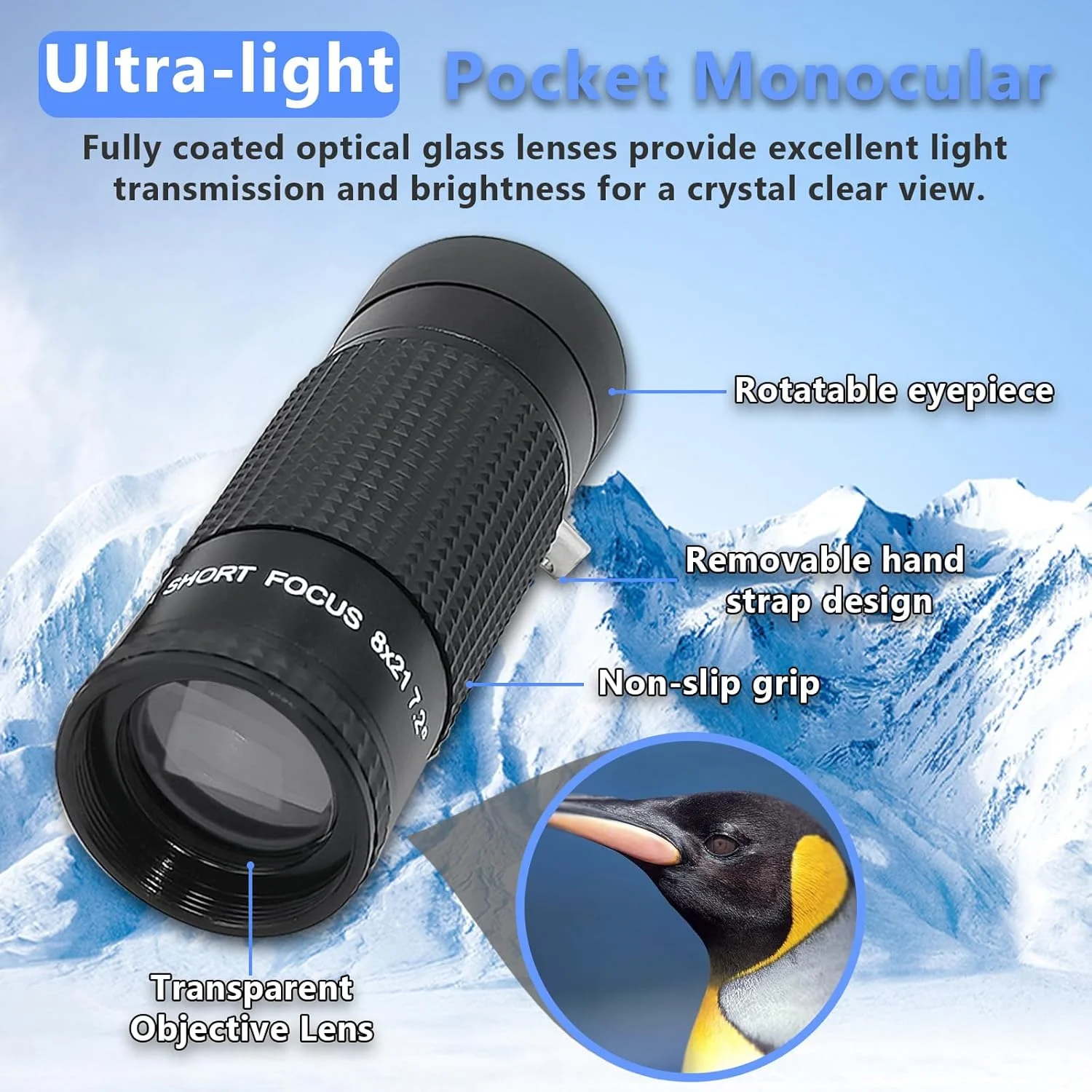 تک چشمی مطالعه 8x21mm با فوکوس خیلی کوتاه - HD، فوق سبک، اندازه جیبی - ایده آل برای سالمندان، تماشای پرندگان، ماهیگیری و ورزش